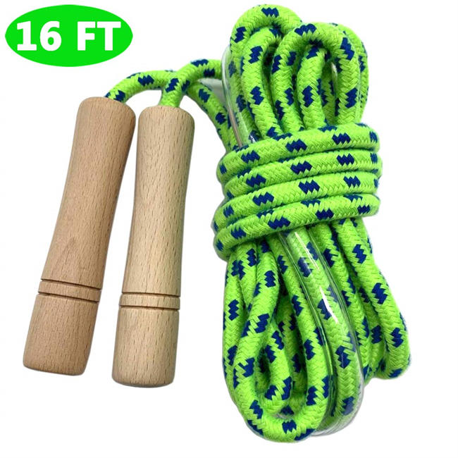 Jump Rope for Kids - Wooden Handle - Adjustable Cotton Braided Fitness Skipping Rope